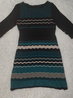 Nine West Black, Teal & Cream Zigzag Knit Long Sleeve Dress
